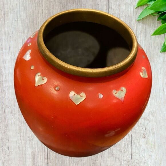 Vintage Brass Enamel Vase Mother Of Pearl Inlay Hearts Peacock - Picture 7 of 8